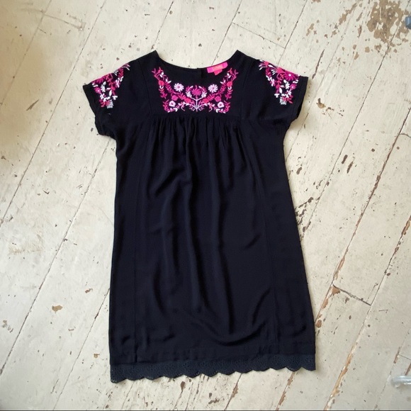 Catherine Malandrino Floral Embroidered Pink on Black Popover Dress - Picture 5 of 16